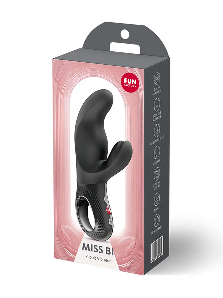 Black FUN FACTORY Miss Bi displayed with its original branded retail packaging