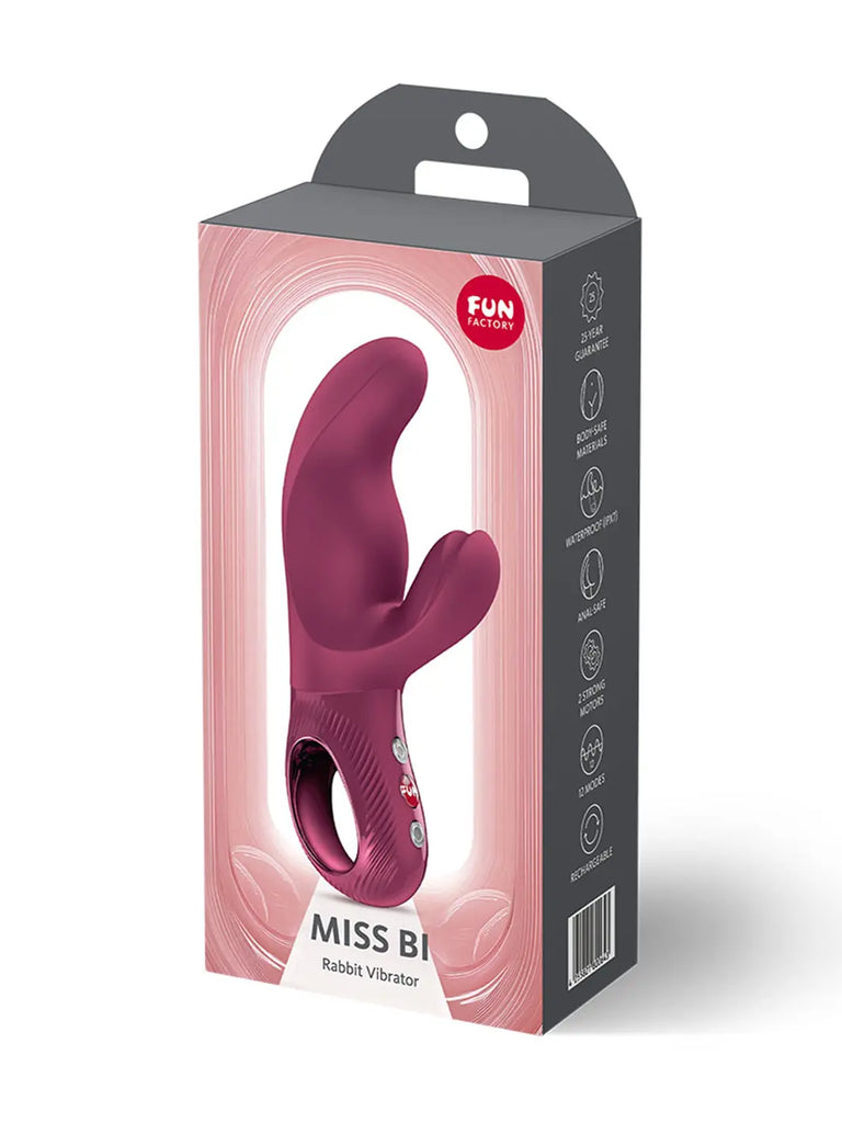 Front packaging for the wine red FUN FACTORY Miss Bi dual-stimulation vibrator