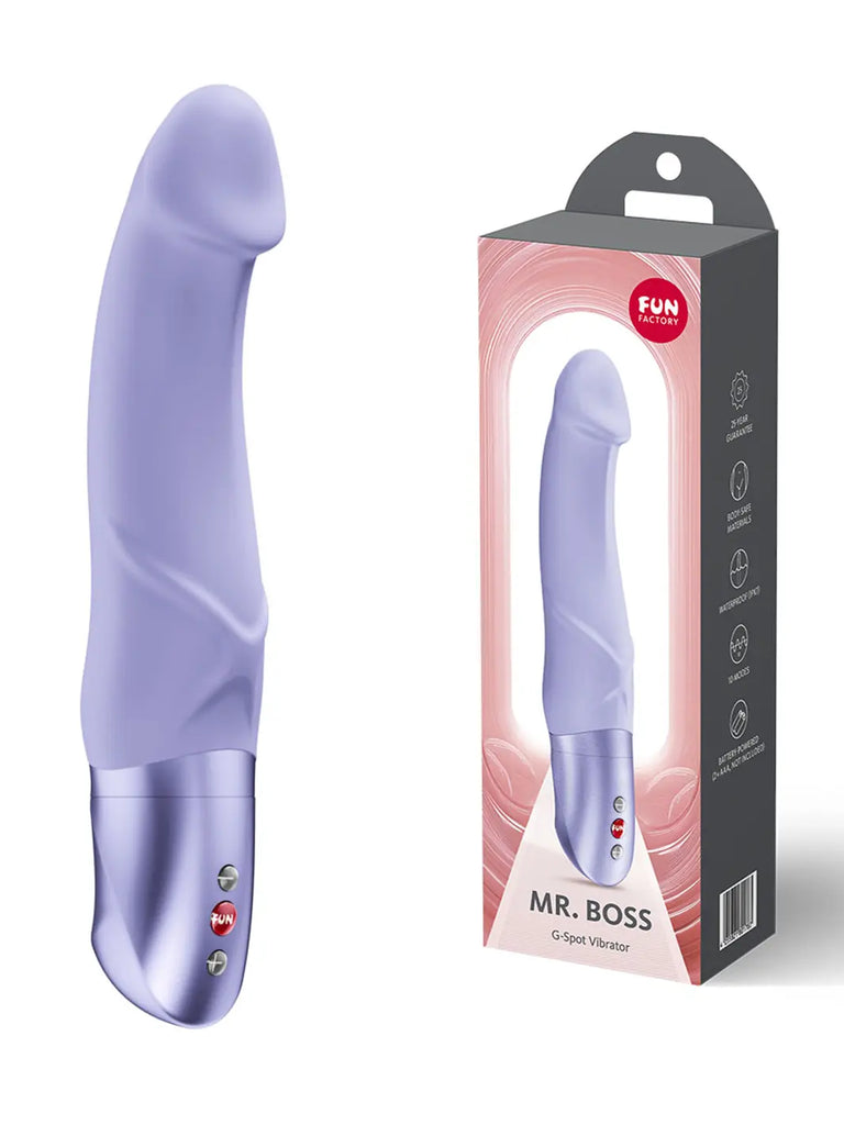 Purple FUN FACTORY Mr Boss shown with its branded retail box