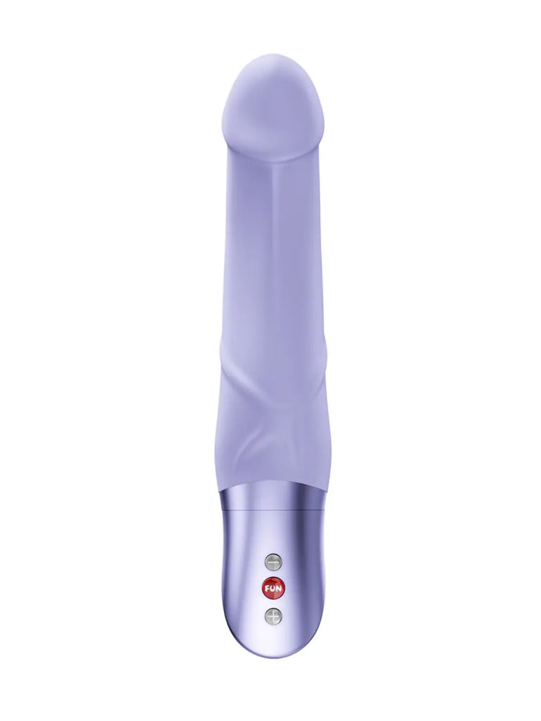 Front view of the purple FUN FACTORY Mr Boss showing its streamlined silicone body and controls