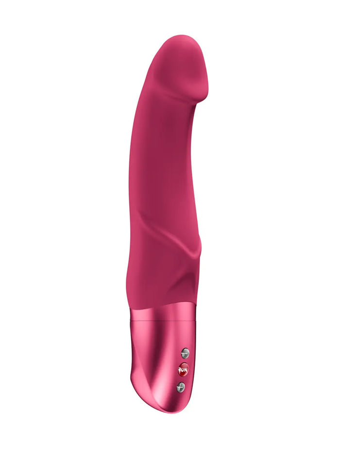Raspberry FUN FACTORY Mr Boss battery-powered vibrator with a curved silicone shaft and integrated controls