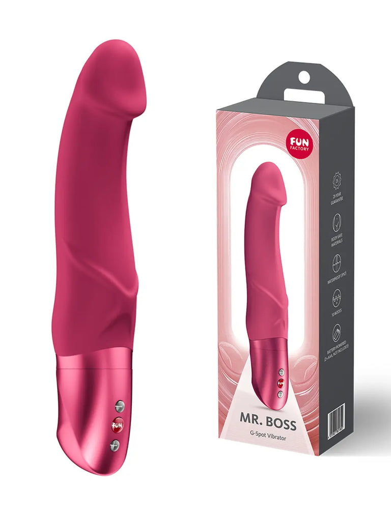 Raspberry FUN FACTORY Mr Boss displayed beside its original branded retail packaging
