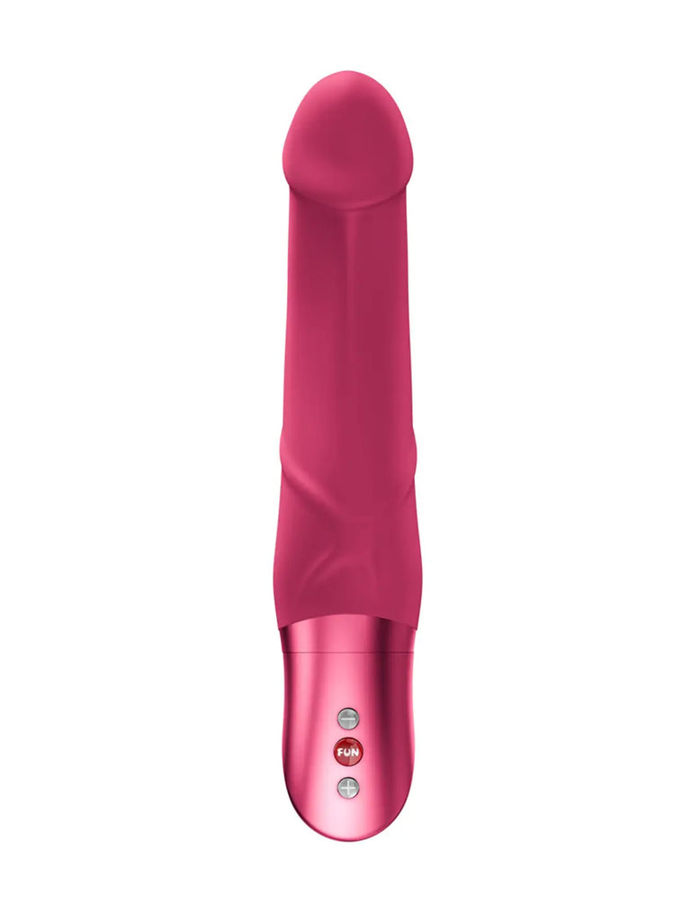 Front view of the raspberry FUN FACTORY Mr Boss showing its smooth shaft and button control base