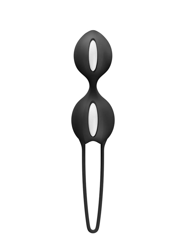Front view of the black FUN FACTORY Smartballs Duo showing its tapered shape and retrieval loop