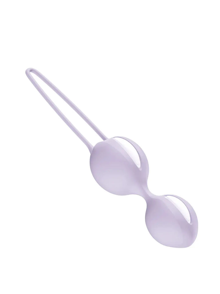 Angled view of the purple FUN FACTORY Smartballs Duo with smooth silicone balls and a long removal loop
