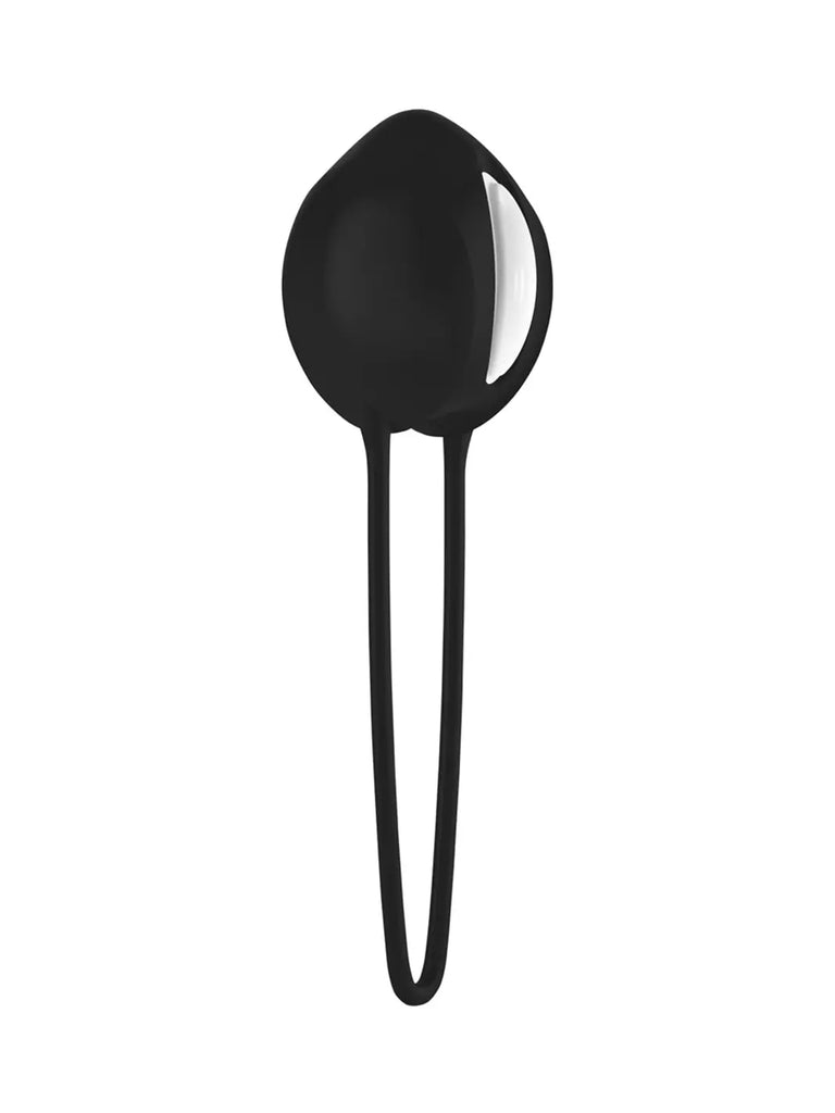 Angled view of the black FUN FACTORY Smartballs Uno highlighting its smooth silicone body and weighted design