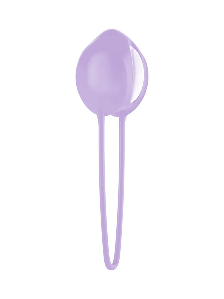 Front view of the purple FUN FACTORY Smartballs Uno showing its tapered shape and long silicone loop
