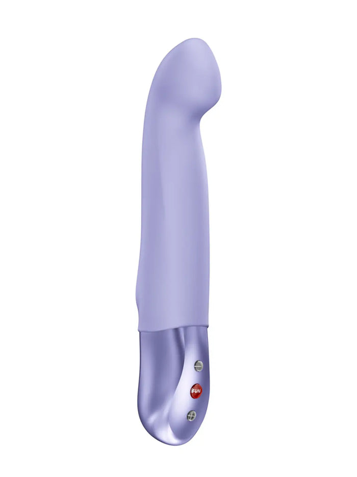 Purple FUN FACTORY Stronic G shown at an angle with a long silicone shaft, curved tip and control base