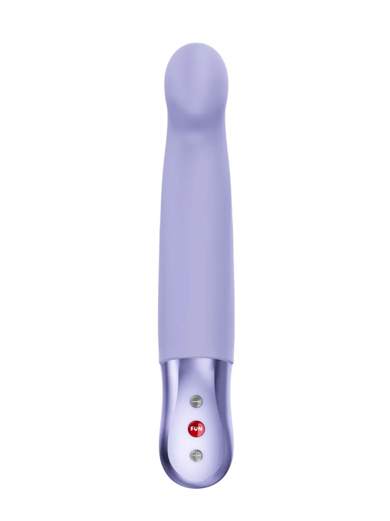 Front view of the purple FUN FACTORY Stronic G pulsator with rounded targeting head and button controls