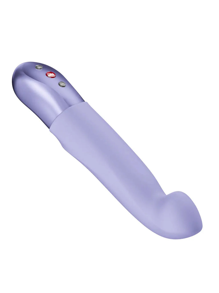 Purple FUN FACTORY Stronic G displayed horizontally to show its streamlined shaft and angled internal tip