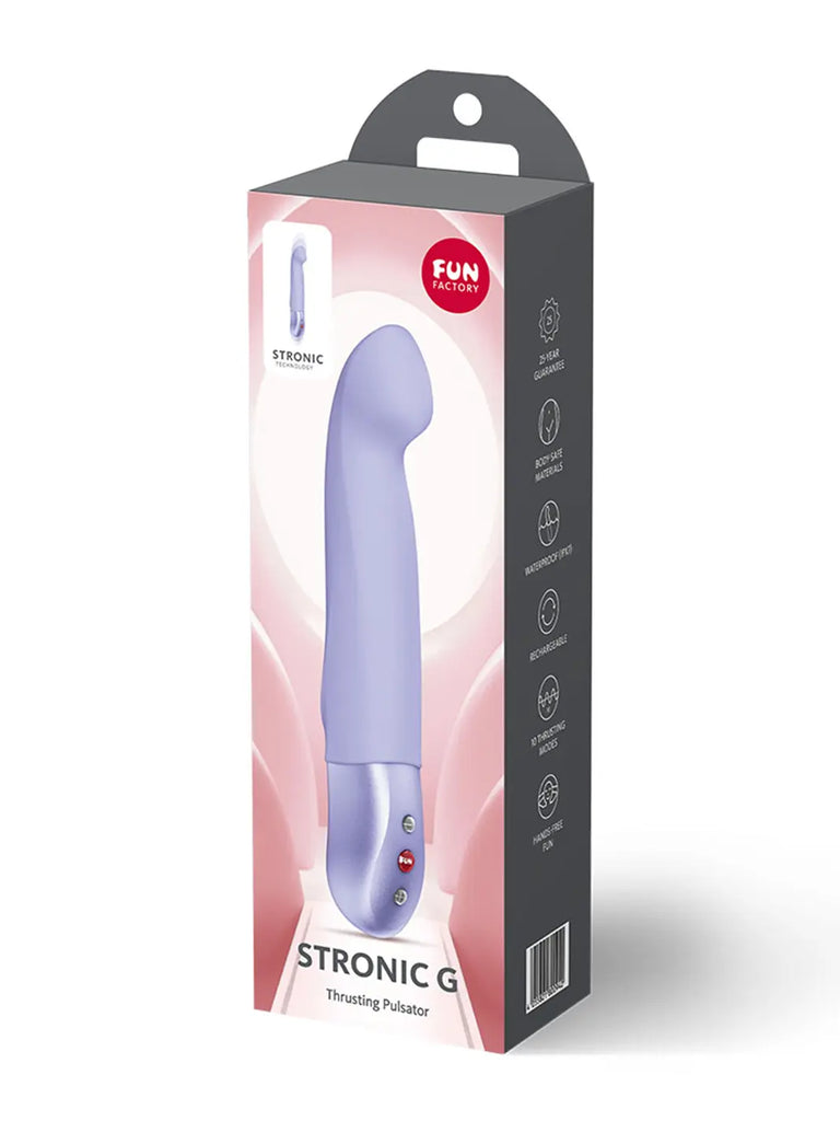FUN FACTORY Stronic G in purple displayed beside its original branded retail packaging