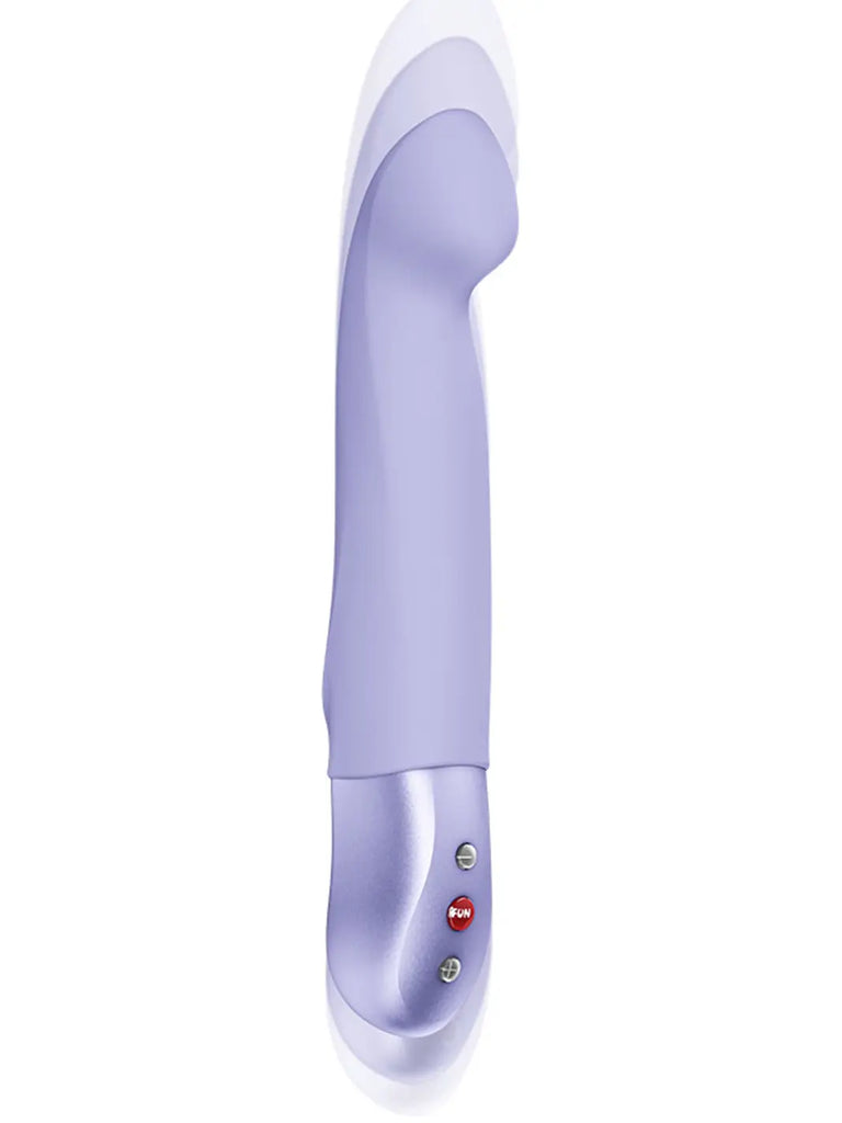 Side view of the purple FUN FACTORY Stronic G highlighting its curved head and ergonomic control handle