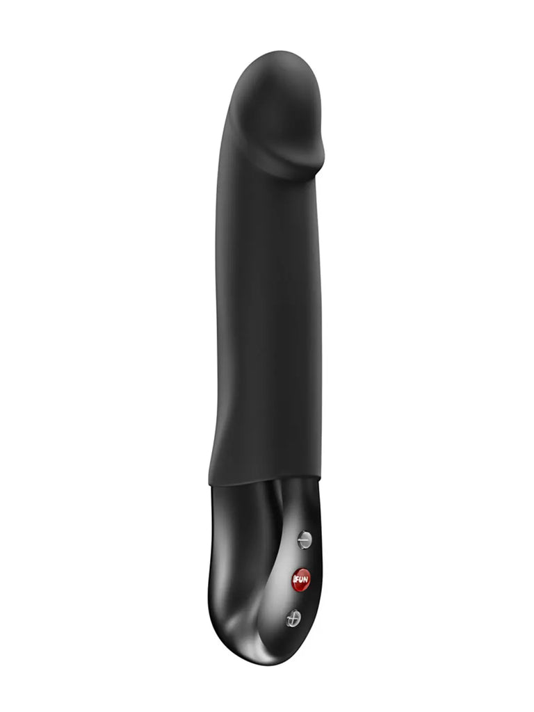 FUN FACTORY Stronic Real in black shown from an angled view with curved silicone body and control handle