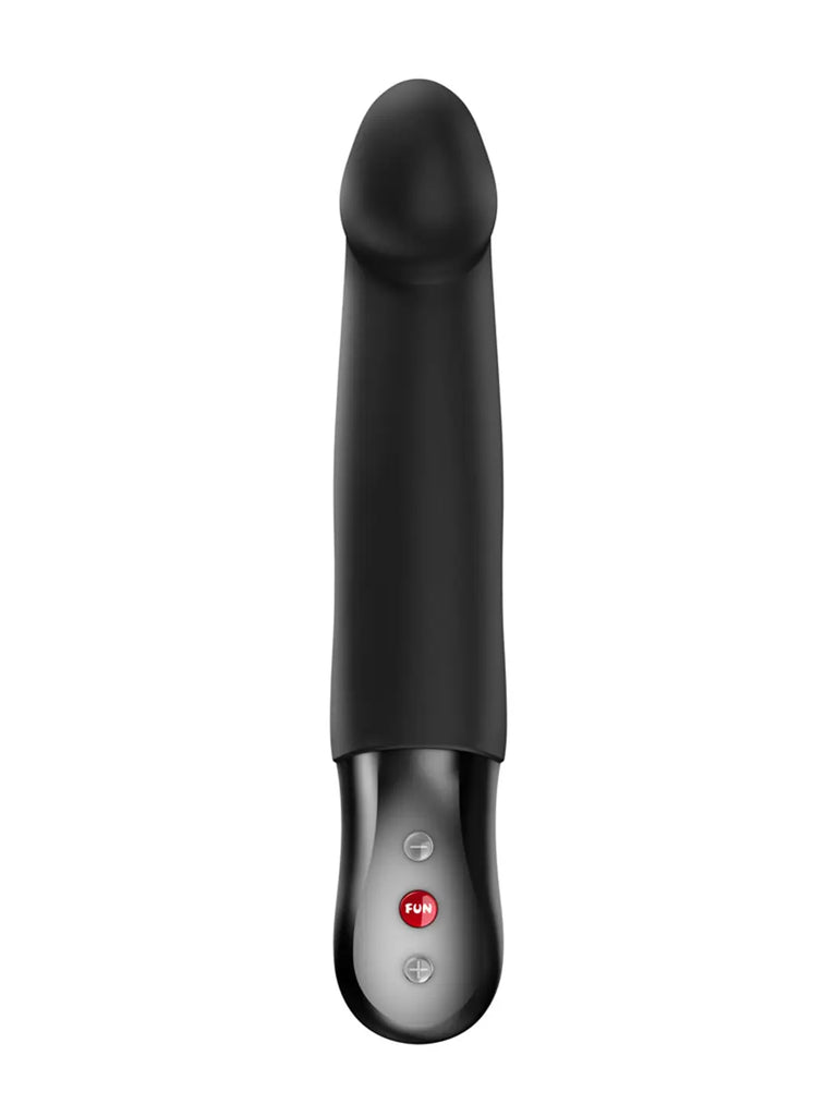 Front view of the black FUN FACTORY Stronic Real pulsator with angled tip and ergonomic handle