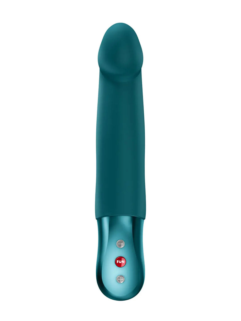 Front view of the petrol FUN FACTORY Stronic Real with contoured head and integrated control panel