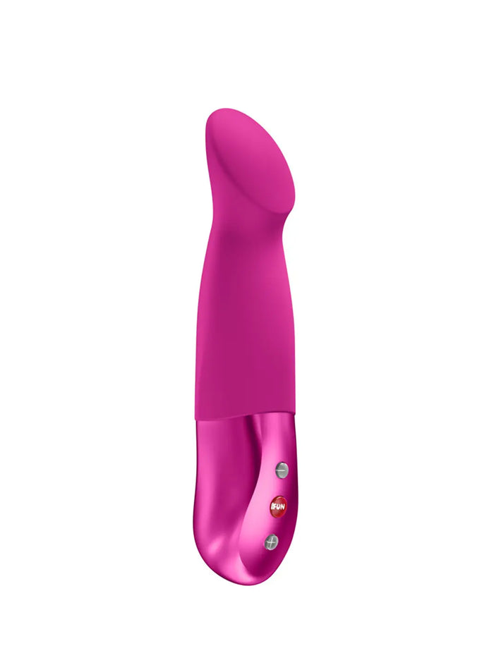 Fun Factory Sundaze Pulse Vibrator in Magenta with angled stimulation head and metallic control handle