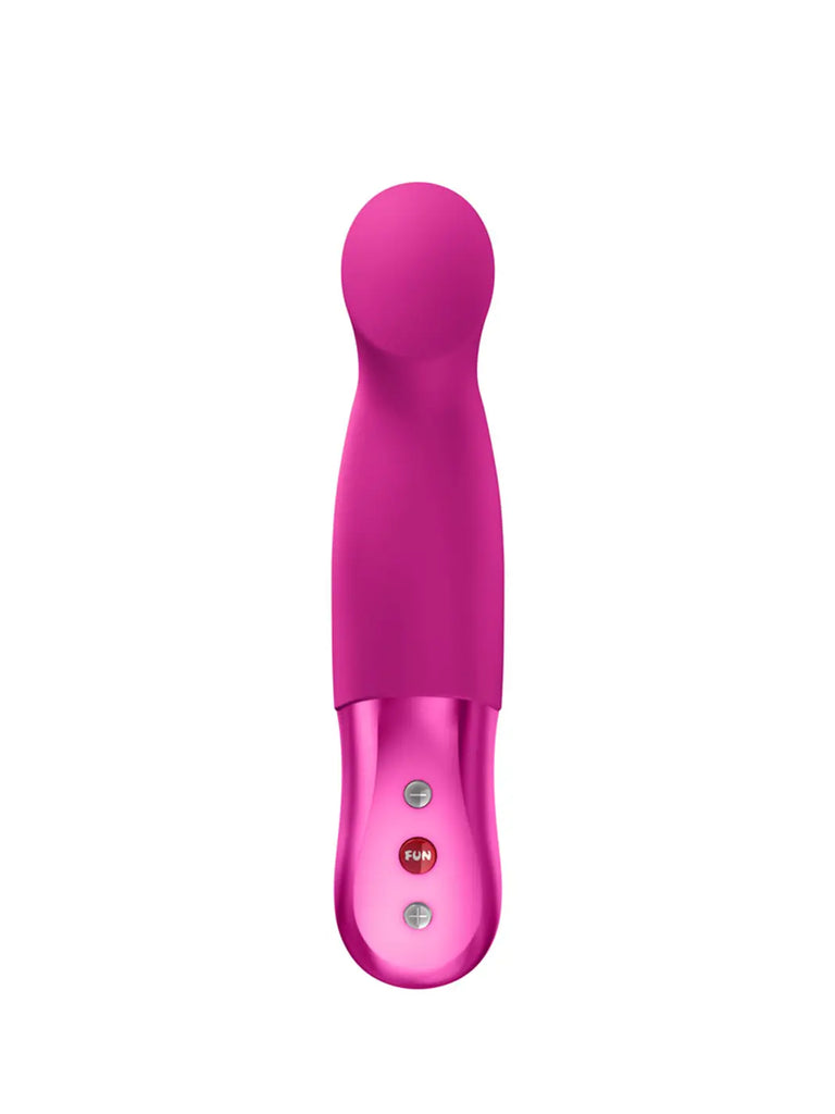 Front view of the Magenta Fun Factory Sundaze showing its broad tip and three-button controls