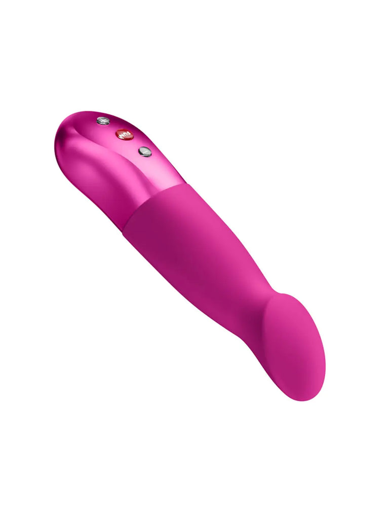 Side view of the Fun Factory Sundaze in Magenta highlighting its curved shaft and flattened angled head