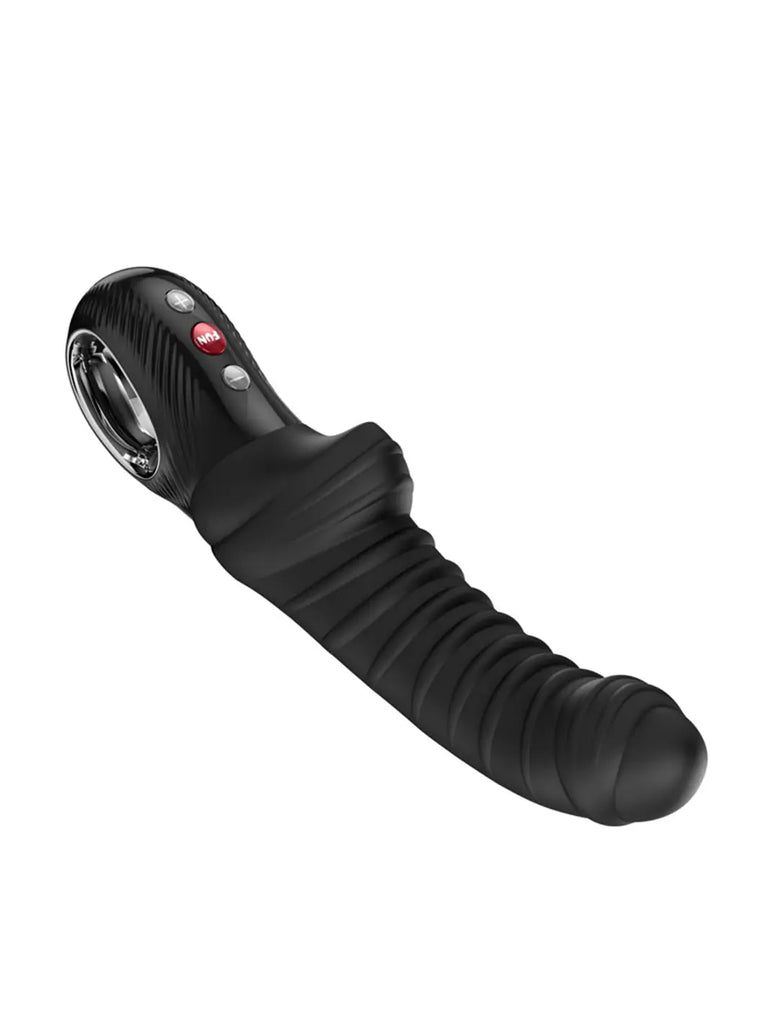 Side view of the black FUN FACTORY Tiger G5 highlighting its curved tip and flexible ribbed profile