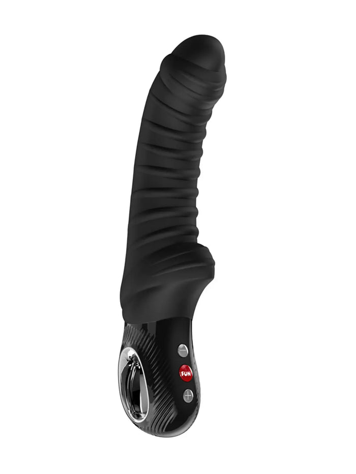 Black FUN FACTORY Tiger G5 ribbed vibrator shown at an angle with a flexible curved shaft and LOOP handle