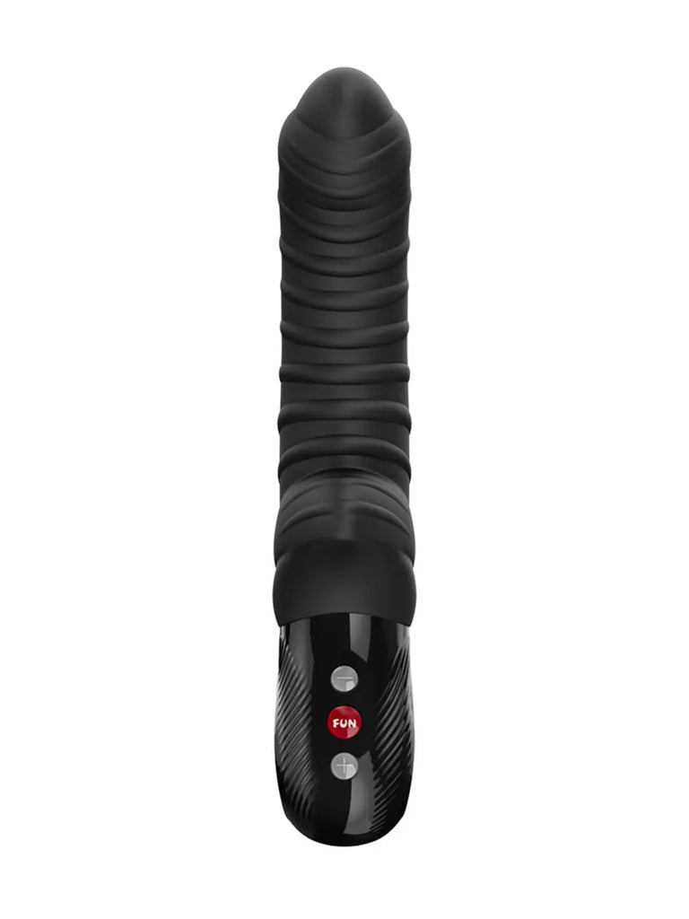 Front view of the black FUN FACTORY Tiger G5 showing its raised shaft texture and integrated controls