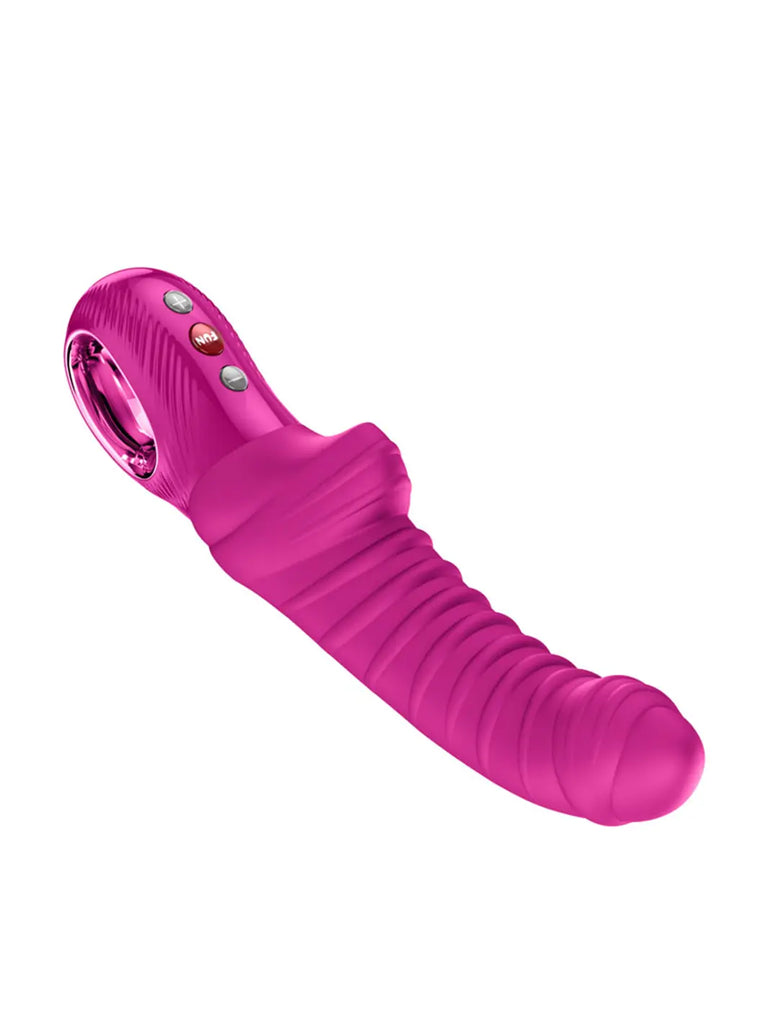 Side profile of the magenta FUN FACTORY Tiger G5 showing its flexible shaft and curved targeting tip
