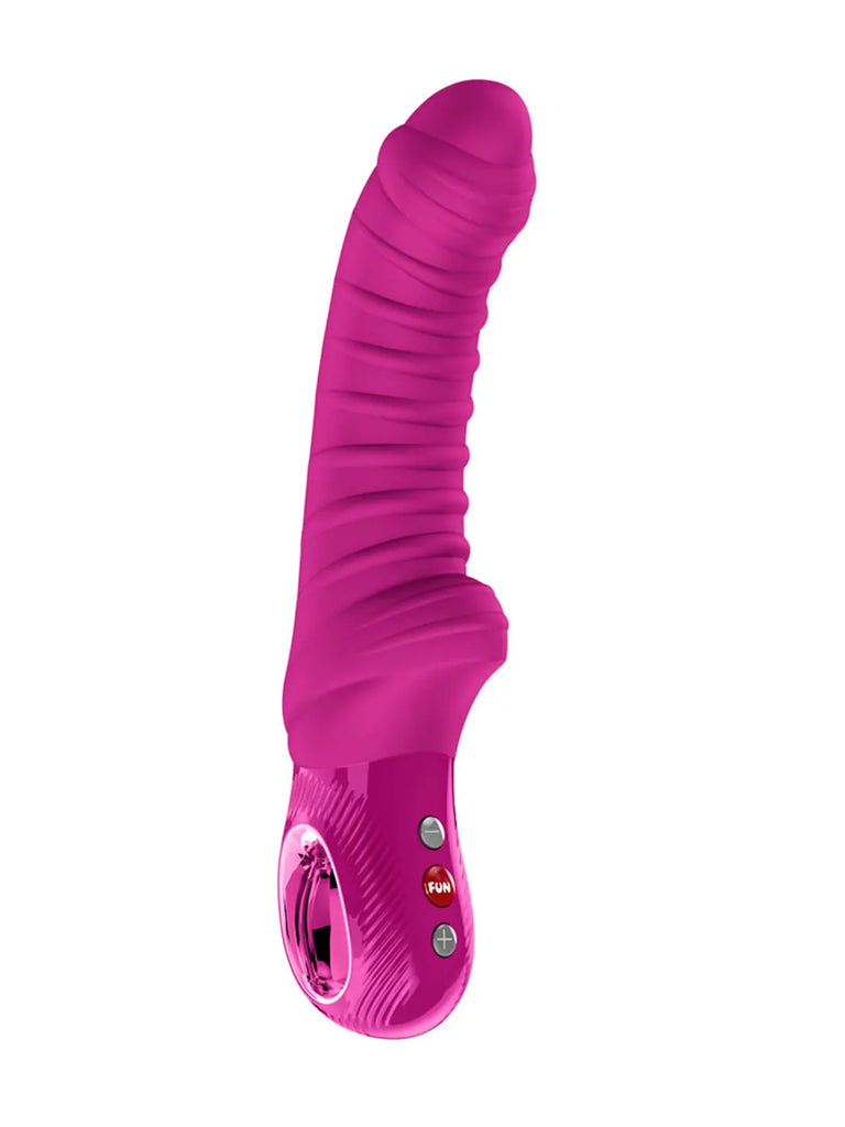Magenta FUN FACTORY Tiger G5 displayed at an angle with a curved textured shaft and control handle