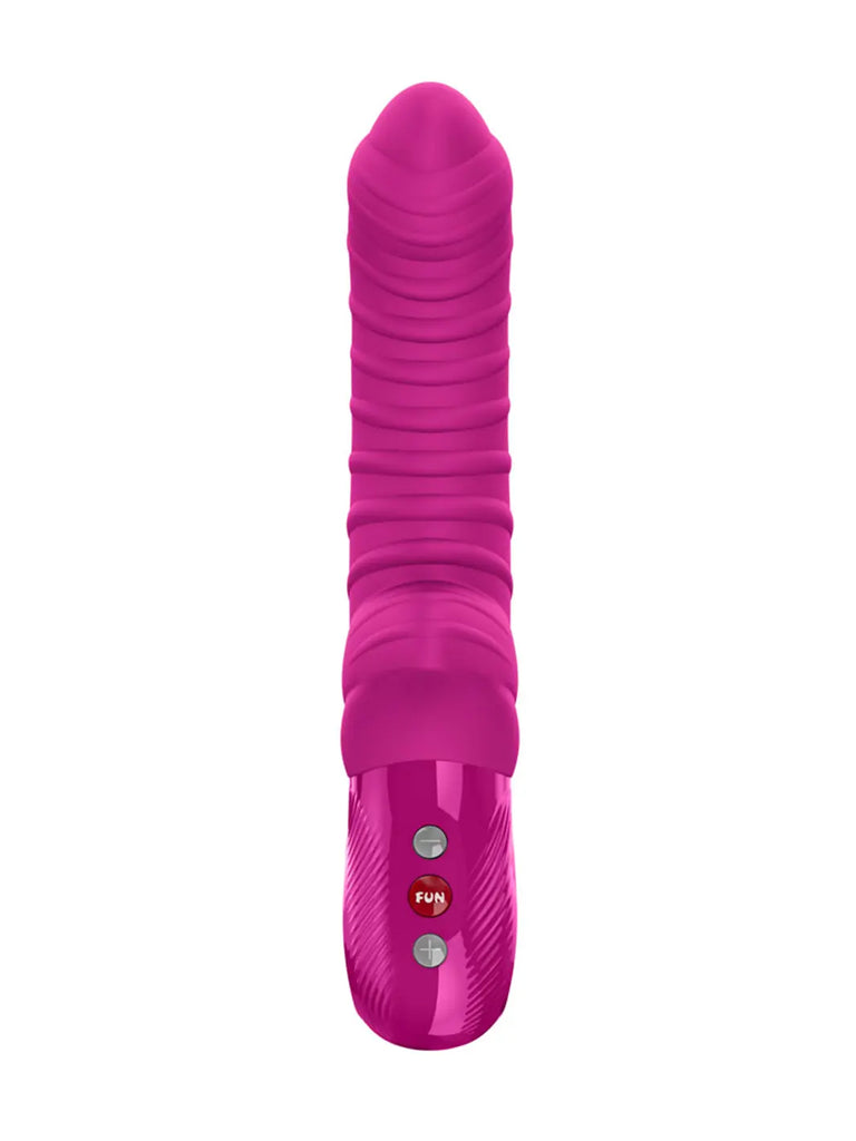 Front view of the magenta FUN FACTORY Tiger G5 with pronounced silicone ridges and raised buttons